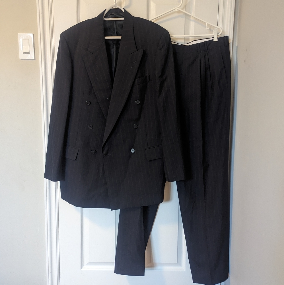 Cambridge Men's 42T Double Breasted Black Wool Pinstripe Pants Blazer Suit Set